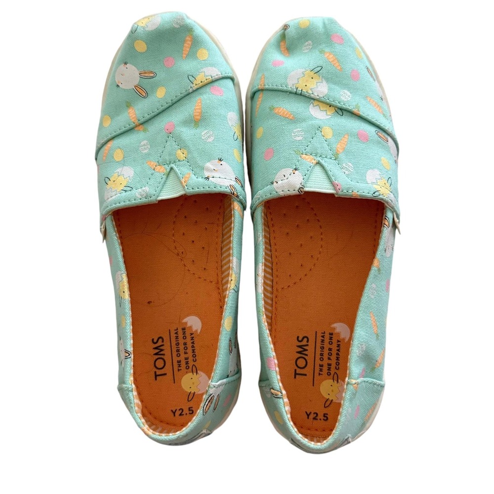 TOMS Bunny Eggs Carrot‎ Mint Green Kids Easter Casual  Slip- On Shoes, 2.5